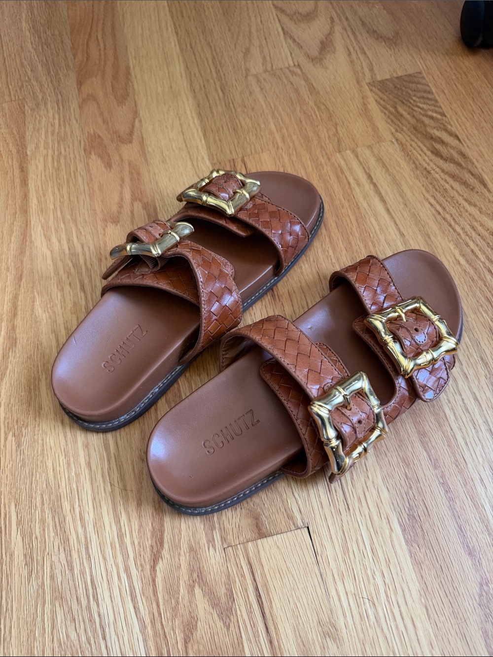 SCHUTZ Tan Woven Leather Double-Buckle Slide Sandals